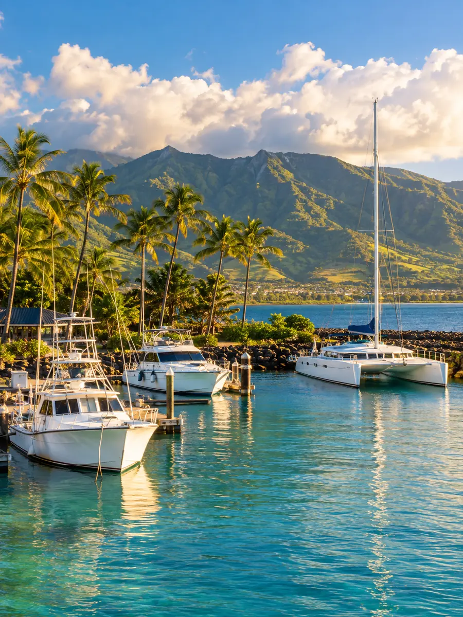 White charter boats moored in a sunny Maui harbor below green mountains